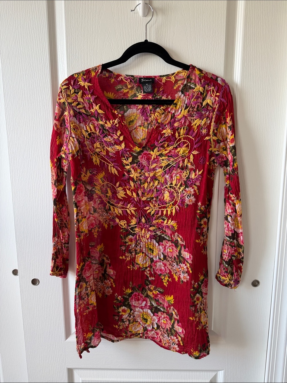 Sioni Red Floral V-Neck Long Sleeve Tunic Dress